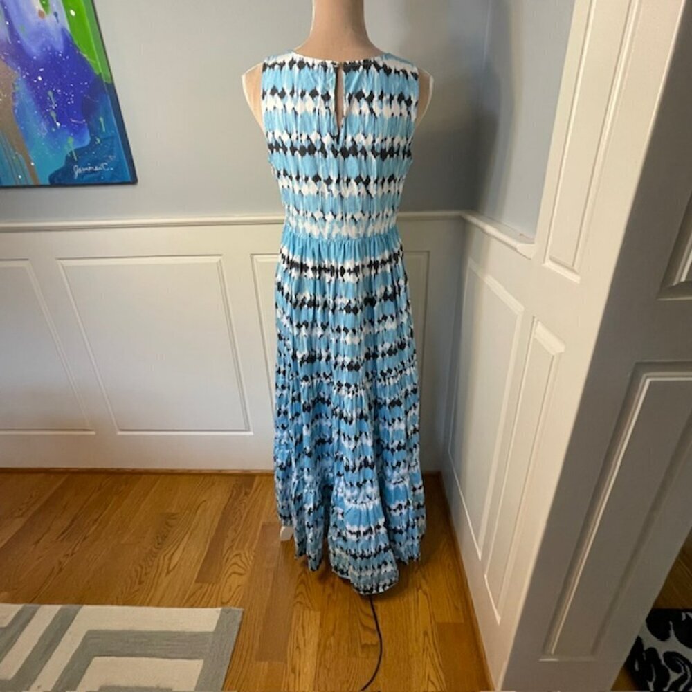 Tyler Boe 100% Cotton Poplin Tiered Maxi Dress Aqua Blue Ikat Abstract Small - Picture 6 of 10